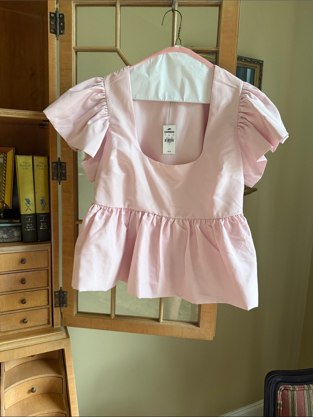 Express Light Pink Peplum Puff-Sleeve Top